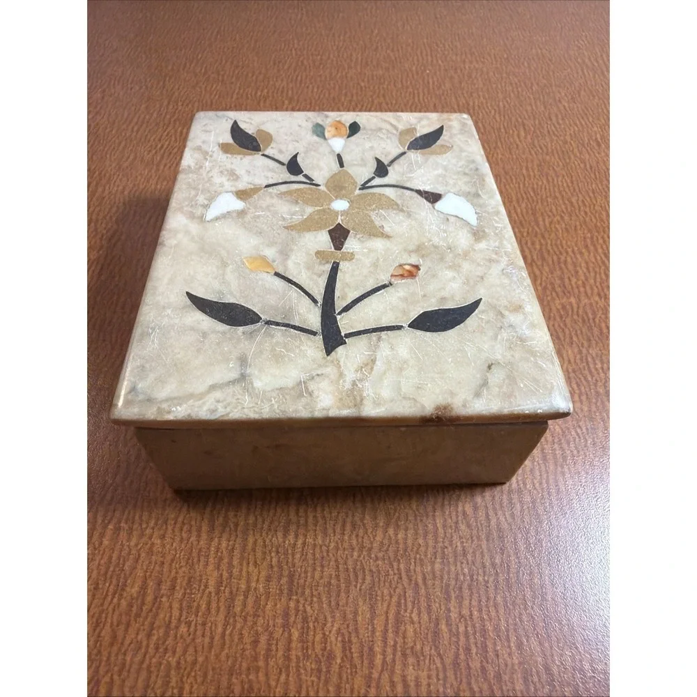 Floral Soapstone Jewelry Box Made In India No Damage Nice Colors